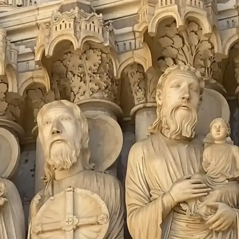 Une ancienne statue en bois gothique représentant la Vierge Marie et l’Enfant Jésus avec des détails fins.